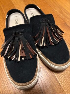 Toms Black Suede Tassel Slip-On Sneakers with Multicolor Tassels
